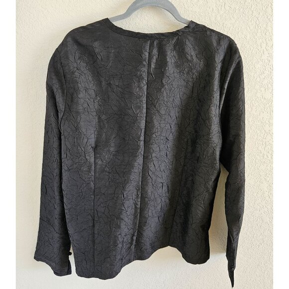Eileen Fisher SZ L 100% Silk Crinkle Look Blouse Button Front Side Slit Designer - Picture 2 of 7
